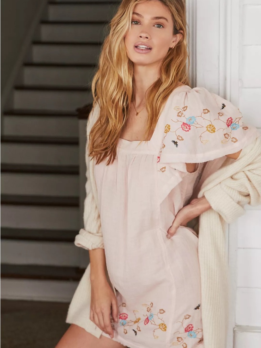 Anthropologie Raquel Pink Floral Embroidery Gauze Tunic Mini Dress Sq Neck XS